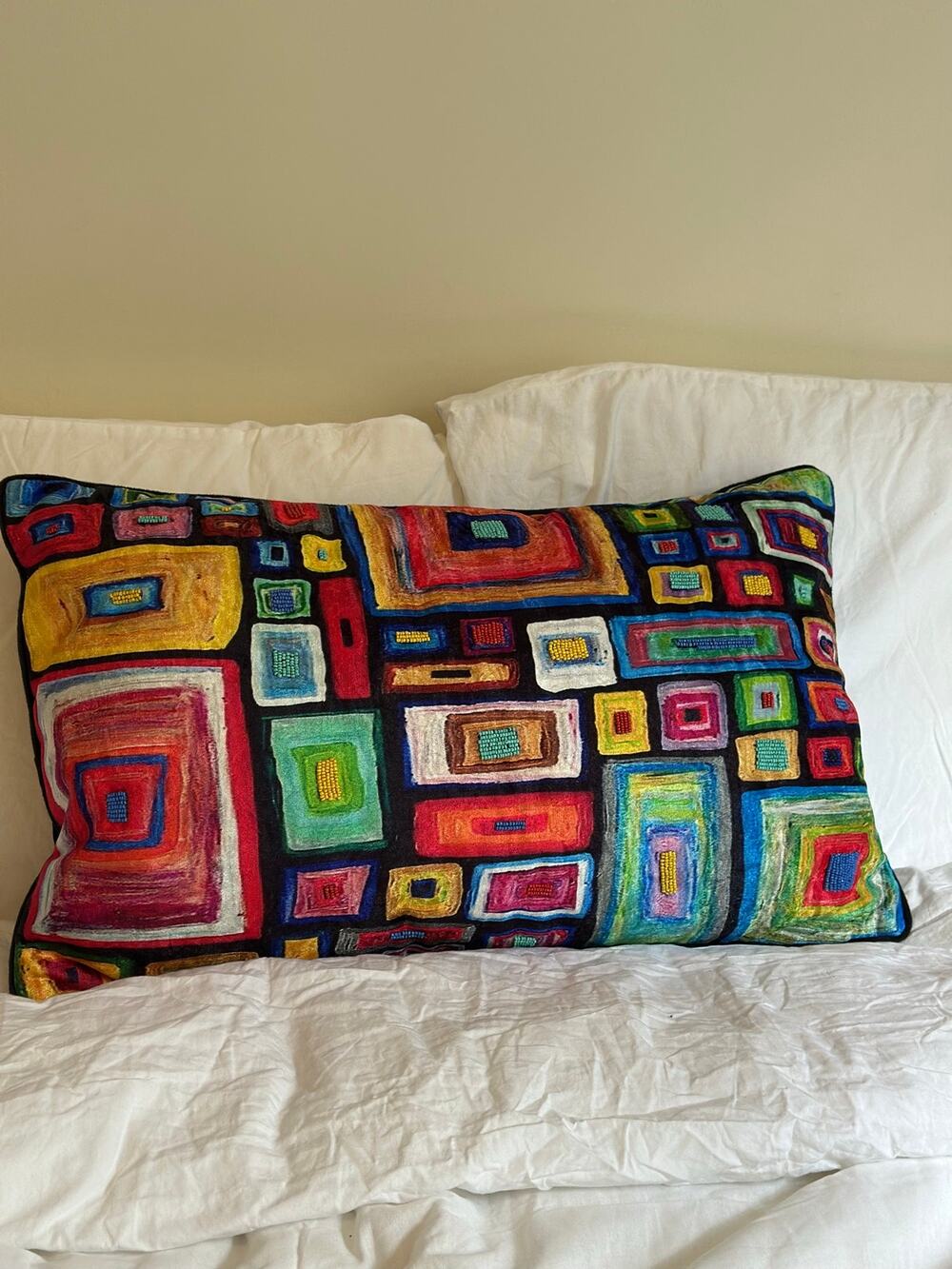 Abstract Geometric Color Block Velvet Lumbar Pillow 14x24 Beaded Maximalist EUC